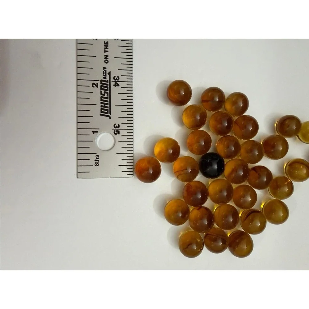 Vintage Amber Glass Marbles Lot 32pc Translucent Brown Black Swirl 0.5 Inch